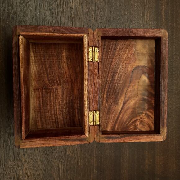 Wooden Box Hand Carved Brass Inlaid Floral Hinged India Vtg Trinket Pen Artisan - Picture 4 of 16